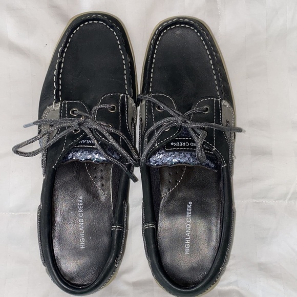 Highland Creek Black Silver Glitter Shimmer Leather Boat Shoes Topsiders New - Picture 11 of 17